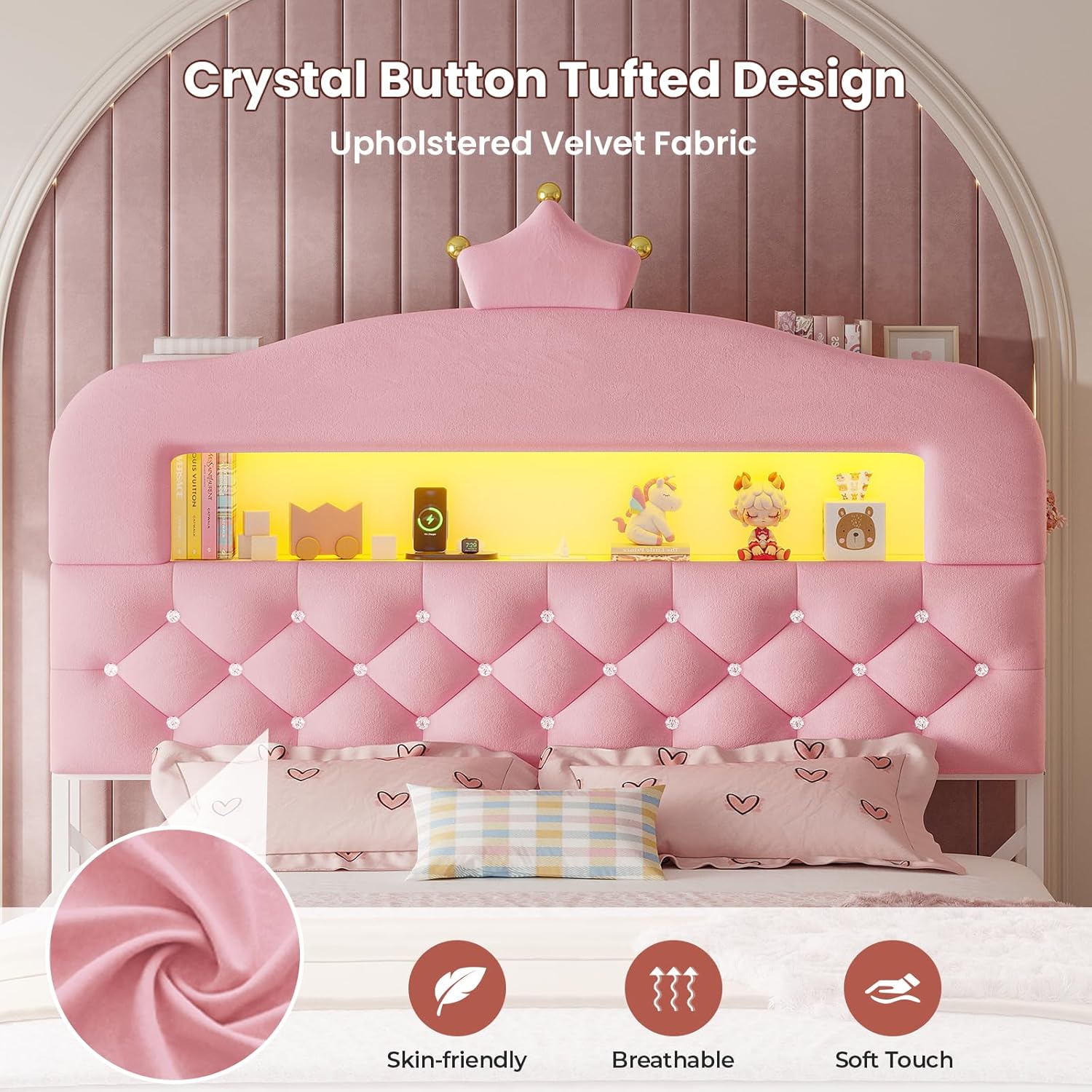 ADORNEVE Twin Upholstered LED Bed Frame with 2-Tier Storage Bookcase, Velvet Princess Platform Bed for Kids/Girls, Headboard with Charging Station & Crystal Button & Crown, No Box Spring Needed, Pink