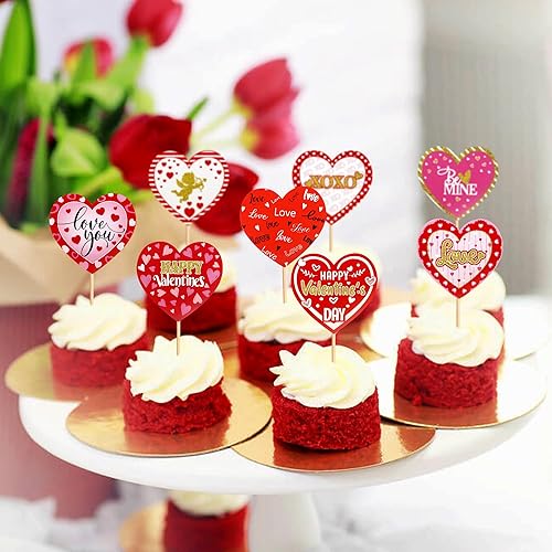 Miniatura 7 de Ercadio Paquete de 24 adornos para magdalenas de corazón para el día de San Valentín, diseño de corazón con texto en inglés Love You Be Mine para