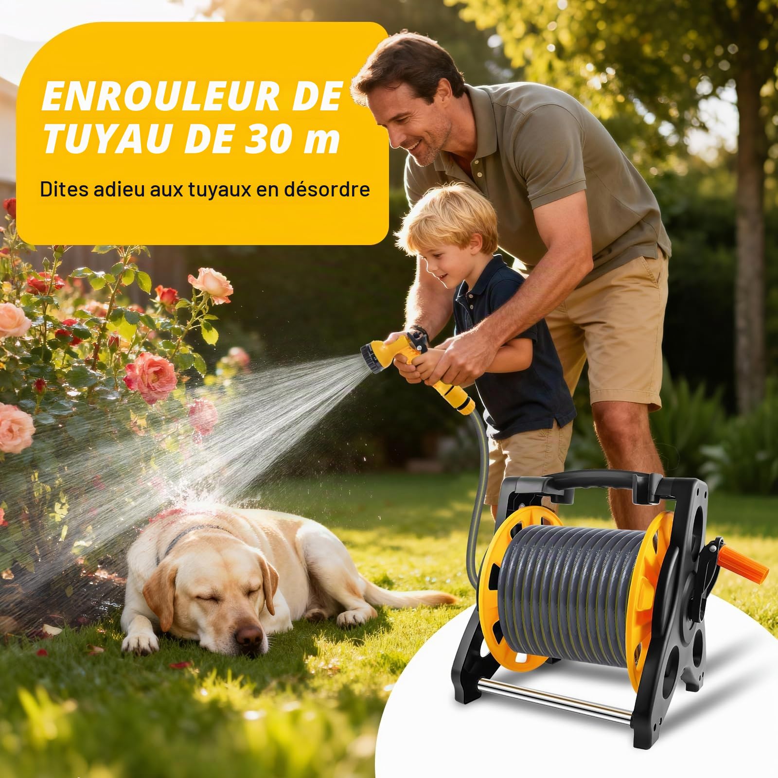 Enrouleur de tuyau d'arrosage, dévidoir de tuyau d'arrosage avec tuyau d'arrosage (1 enrouleur de tuyau + tuyau d'arrosage de 30 m)