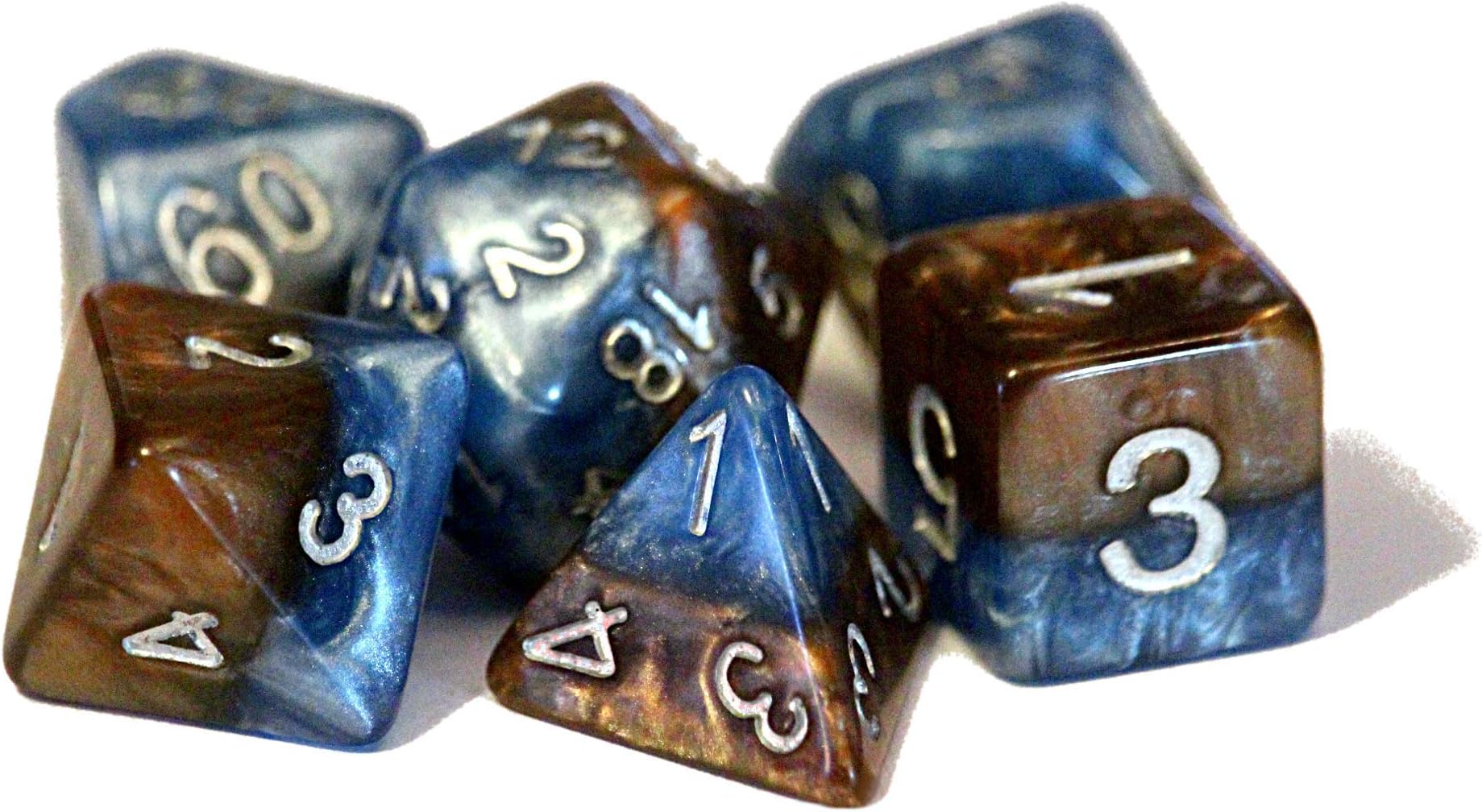 Gate Keeper GamesEarth Elemental Halfsies Dice - 7 die polyhedral dice Set - Cerulean Blue & Terran Brown - Silver Numbering