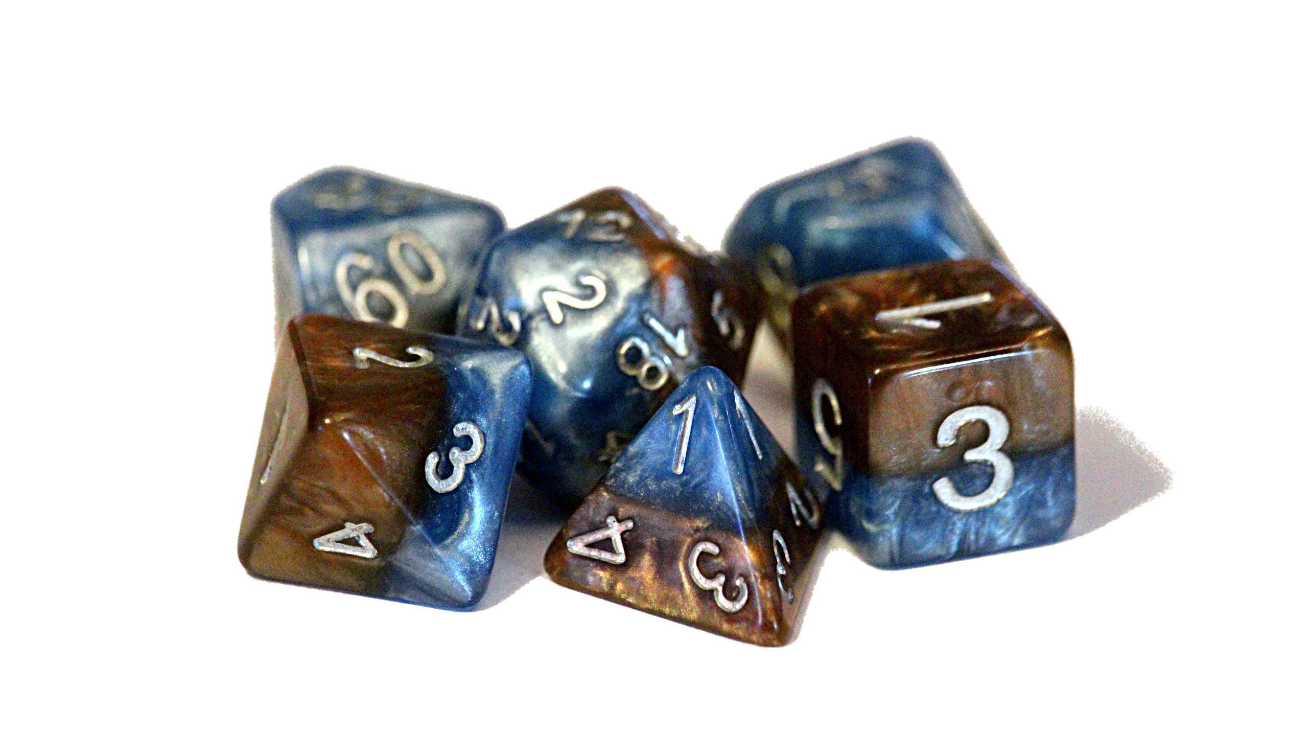 Gate Keeper GamesEarth Elemental Halfsies Dice - 7 die polyhedral dice Set - Cerulean Blue & Terran Brown - Silver Numbering