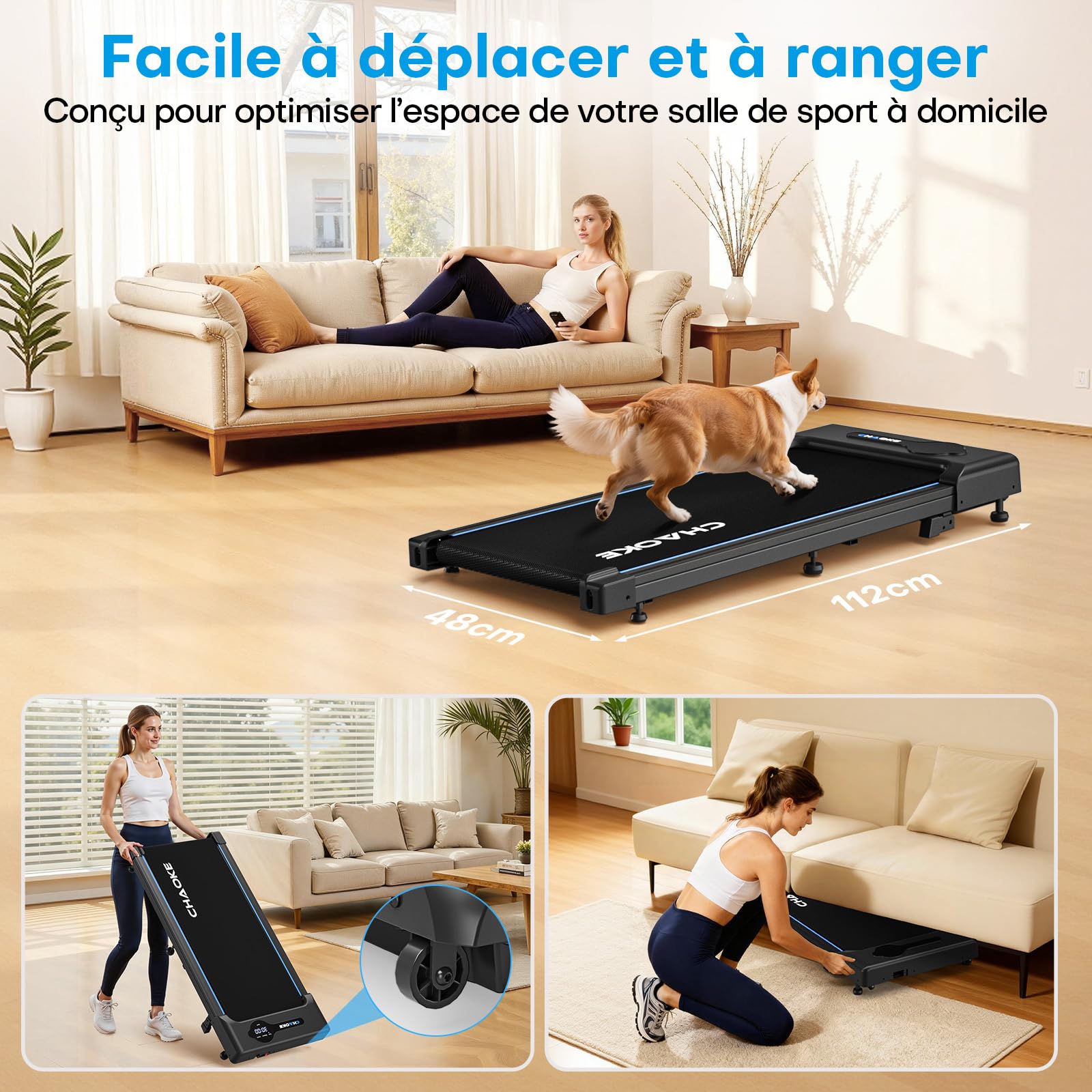 Tapis de Marche CHAOKE avec Inclinaison de 9%, Tapis de Course sous Bureau Jusqu’à 10 km/h, Moteur Silencieux de 2,75 CV, Capacité Maximale de 150 kg, avec 12 Programmes HIIT et Télécommand