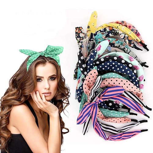 eyxformula 6 diademas coloridas, diademas florales a la moda con lazo a rayas de lunares al azar, encantadoras cintas para el pelo con orejas,