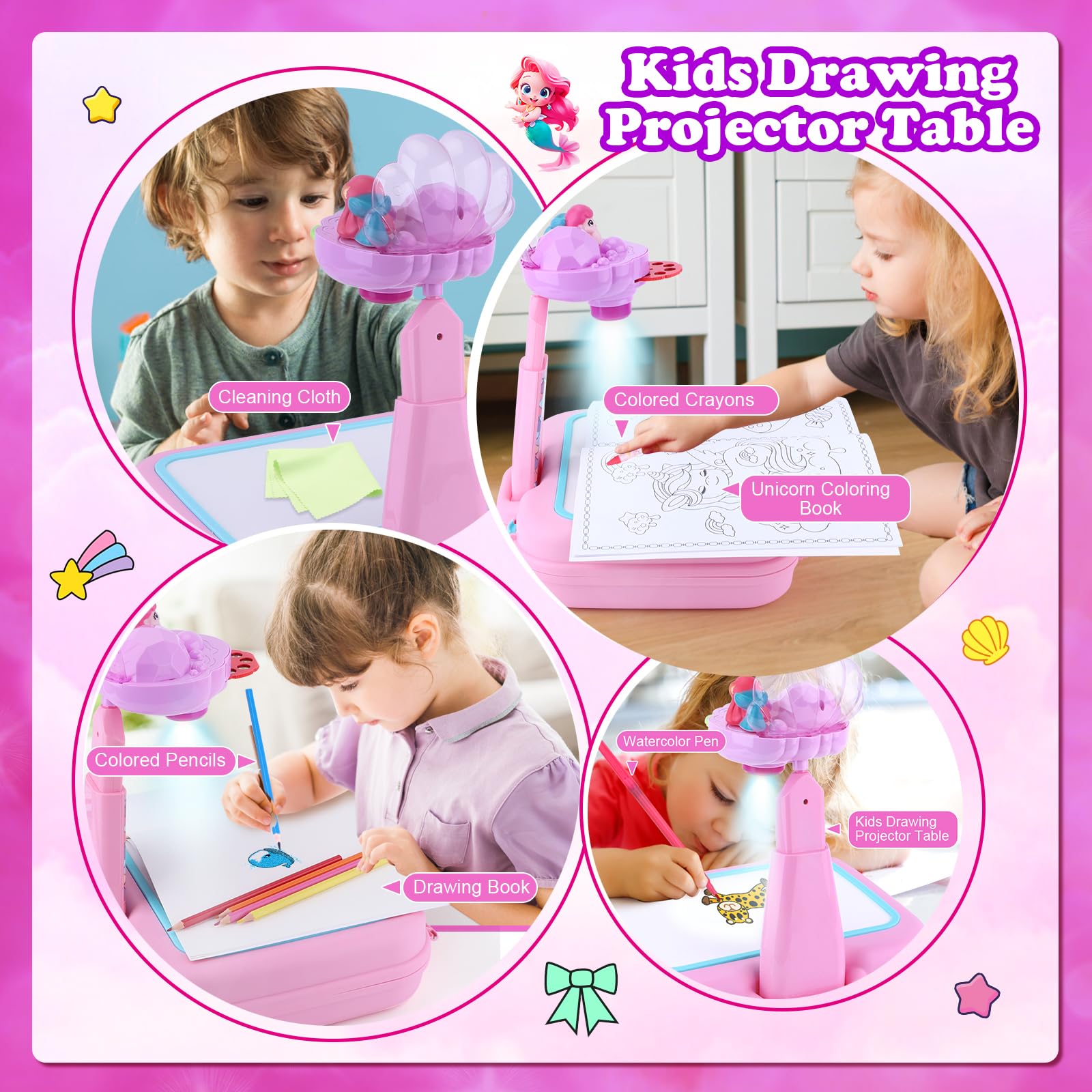 Mädchen Zeichenprojektor für Kinder von 3–5 Jahren Bastelset mit 72 Projektionsbildern, Zeichenbrett, Malbuch und Buntstiften Kreatives Geschenk für Mädchen (Meerjungfrauen-Set mit Box)