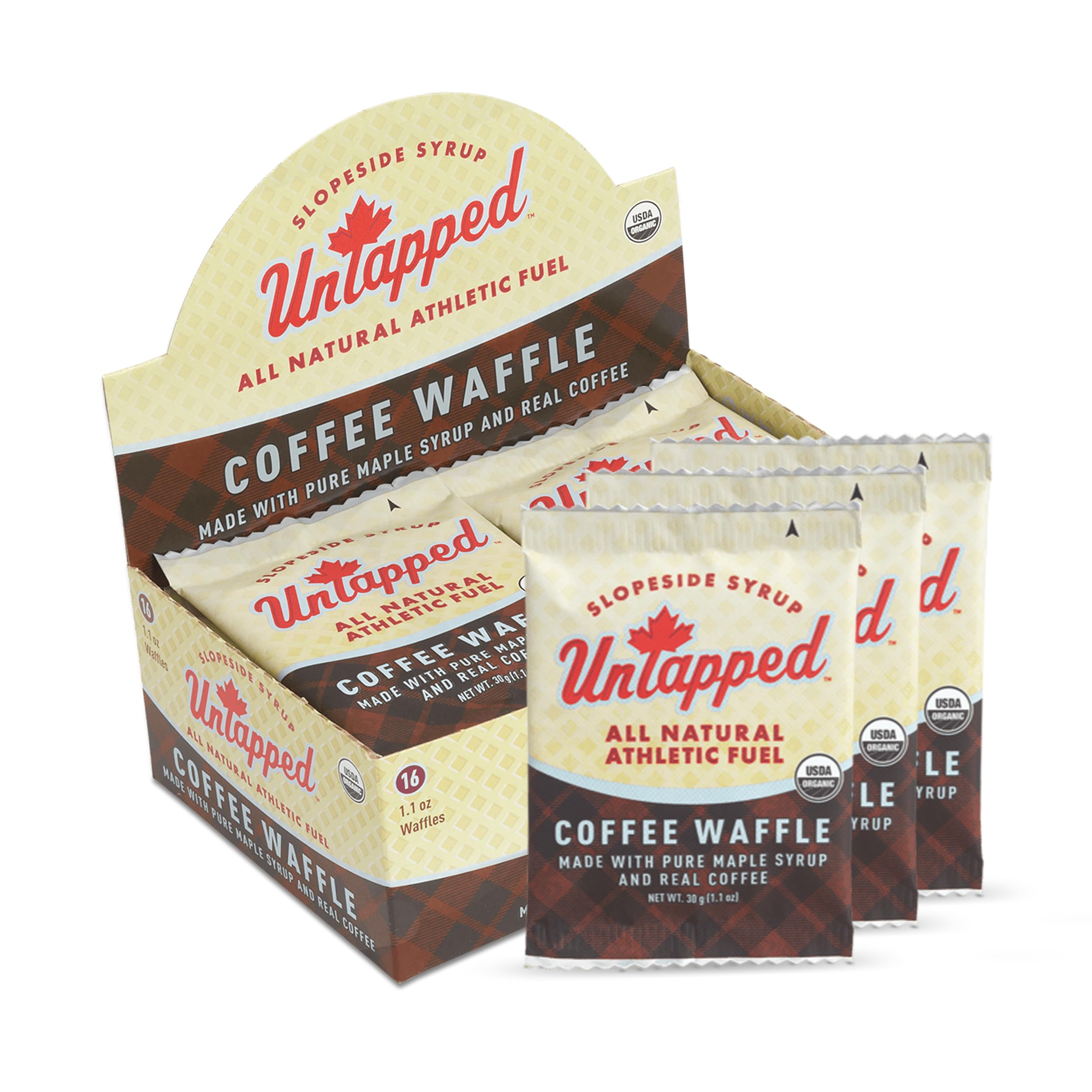 UnTapped Coffee-Infused Organic Waffles 1.1 oz Each, Box of 16 - Endurance Sports Snacks Sweetened with Real Maple Syrup, Maple Sugar, and Coffee | Vegan & Real Food Waffles | Ideal for Athletic Performance
