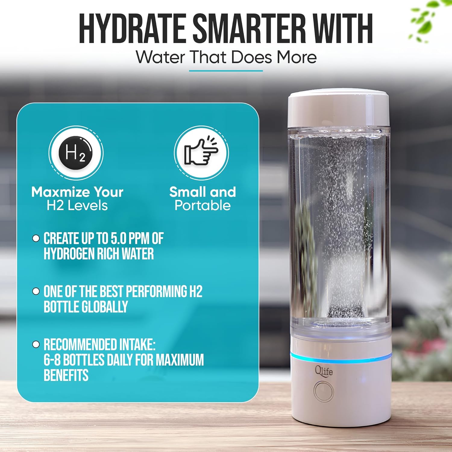 Qlife Molecular Hydrogen Water Purification Unit - 9 Layers Dual Chambers Electrode, Platinum Coated Titanium, 100% Pure Hydrogen Enriched Water, Up to 3000 ppb, Easy to Use, Portable