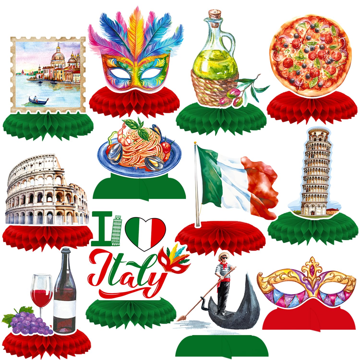 Italy Honeycomb Centerpieces Italian Theme Birthday Party Decorations 12Pcs Italy Party Table Centerpieces with Venice, Pizza, Wine, and Landmark