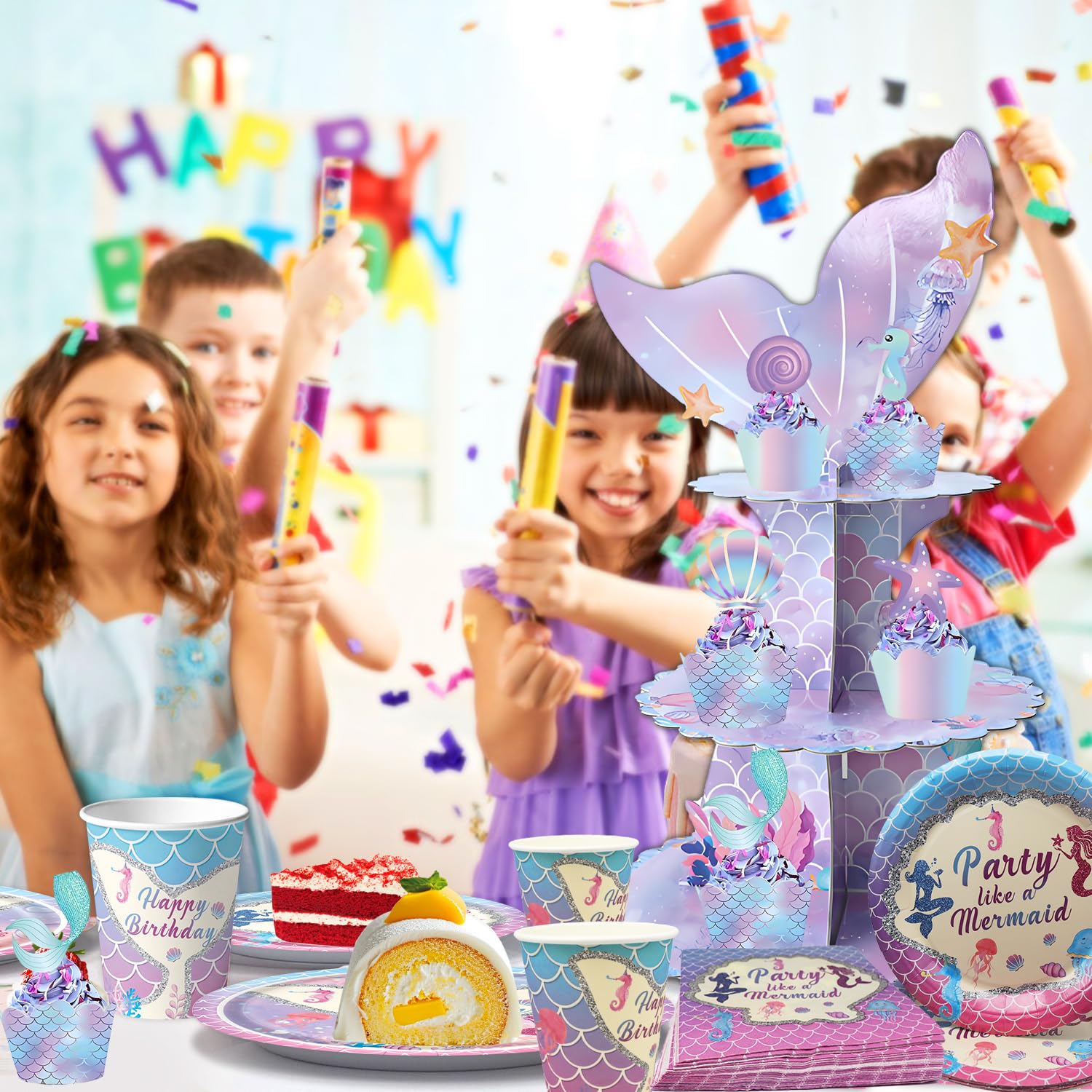 Set di 61 stoviglie per 20 ospiti, accessori per feste di compleanno, decorazione da tavolo a sirena, piatti, tazze, tovaglioli, tovaglioli