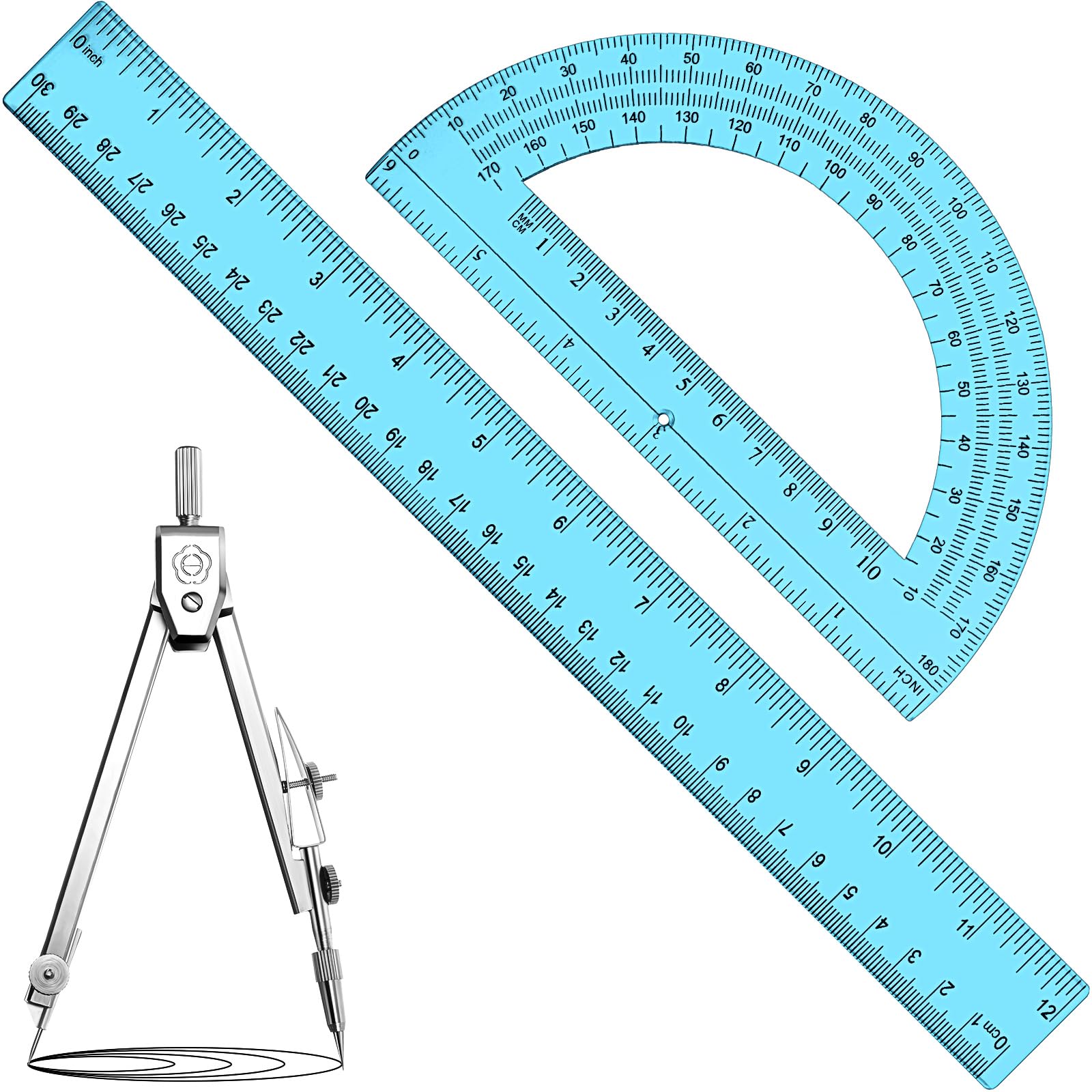 Zonon 3 Pcs 12" Clear Plastic Ruler 6 Inch Protractor Compass Set, Blue