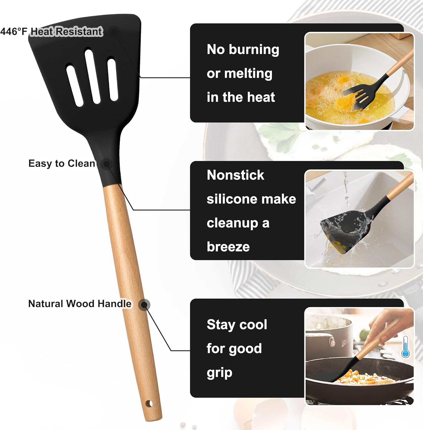 E-far Silicone Cooking Utensils Set with Heat Resistant Wood Handle, 5PCS image 3