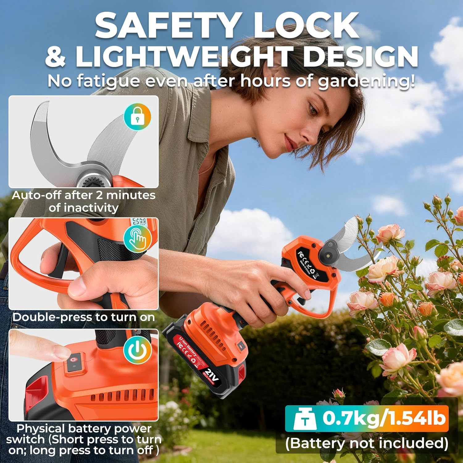 Tijeras de Podar Eléctricas, 33mm Tijeras de Podar Bateria con 2 x 2 Ah Baterías,21V Motor Sin Escobillas,Pantalla LCD y SK7 Cuchillas, Ligera Tijeras Podar para Jardinería, Árboles Frutales, Rosales