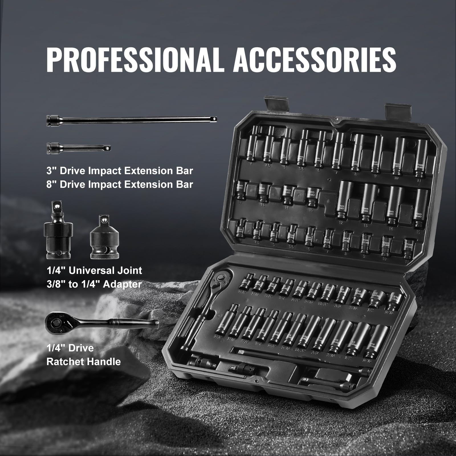 VEVOR Set di Bussole a Percussione 6,35 mm, Set di 55 Bussole Profonde e Poco Profonde SAE 5/32-9/16" e Metriche 4-15 mm per Riparazioni Auto, Bussole Marcature delle Dimensioni Facili da Leggere