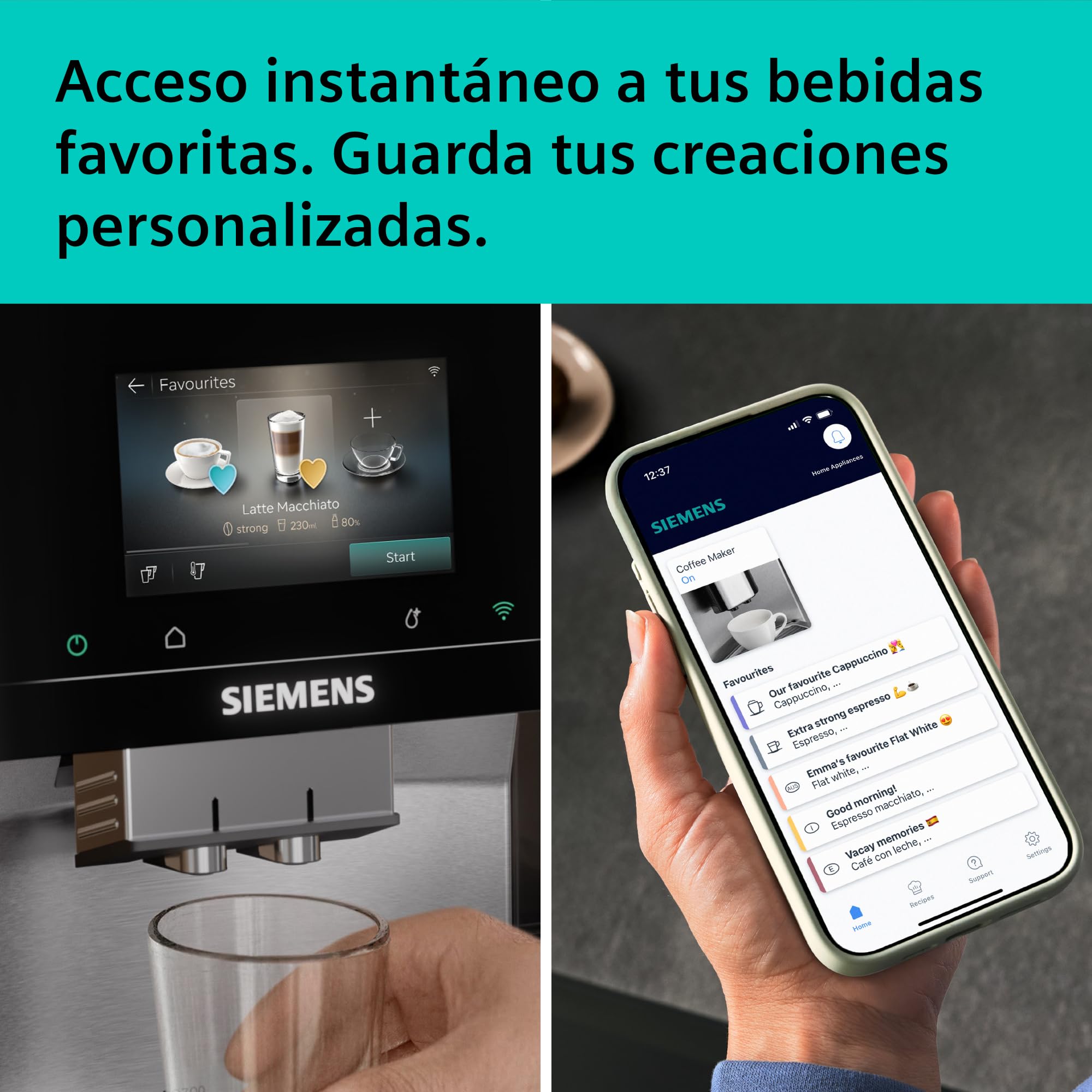 SIEMENS, Cafetera Superautomática, EQ700 iAroma, pantalla táctil, depósito de leche integrado, calentador de tazas, Cold Brew y Slow Brew, app Home Connect, acero inoxidable negro, TQ727E03