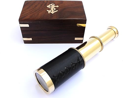 Telescopio náutico de latón pirata de mano de 6 pulgadas con ancla en caja de madera, juguete de decoración del hogar marinero, regalo rústico