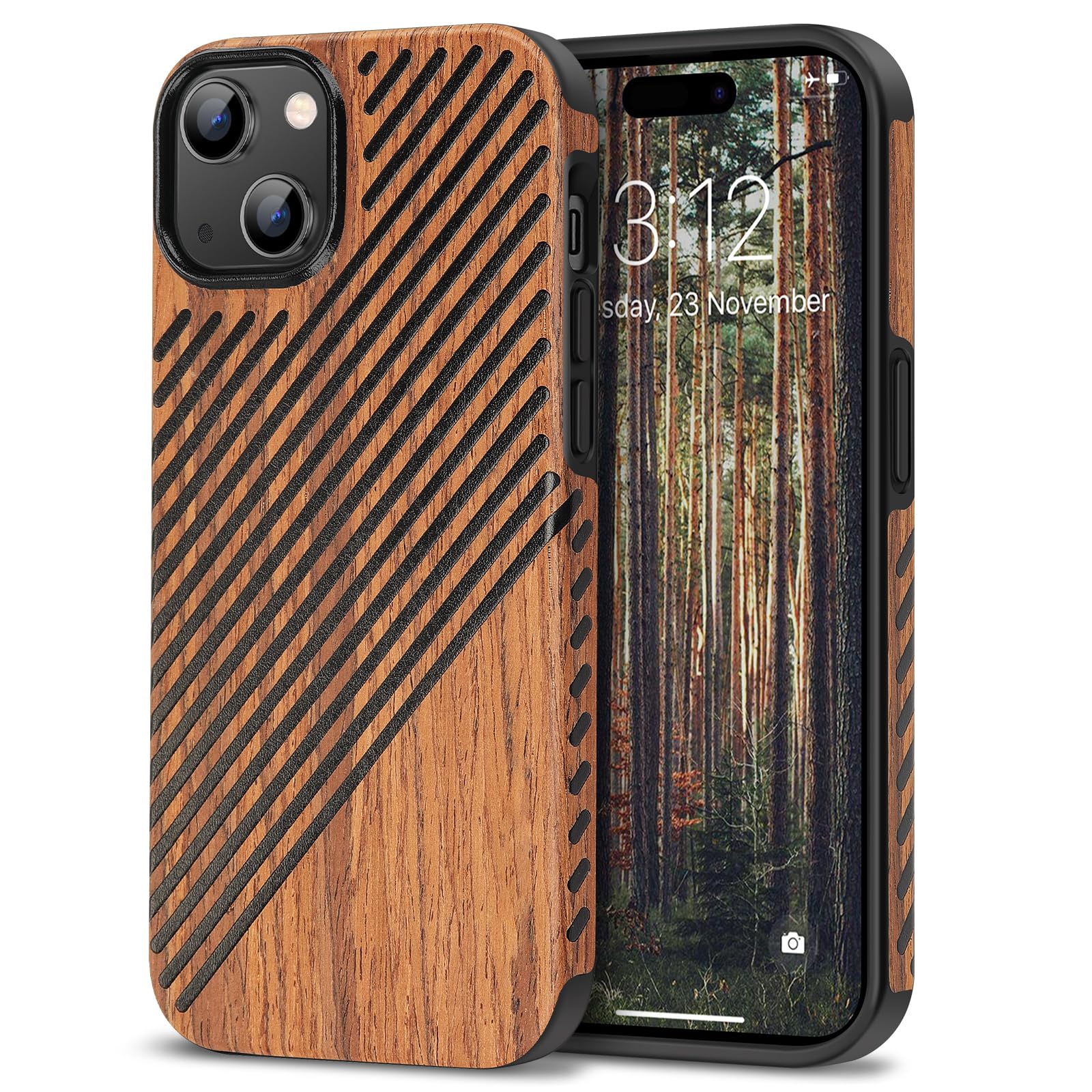 TENDLINCompatible with iPhone 15 Case Wood Grain with Leather Outside Design TPU Hybrid Case (Wood & Leather)