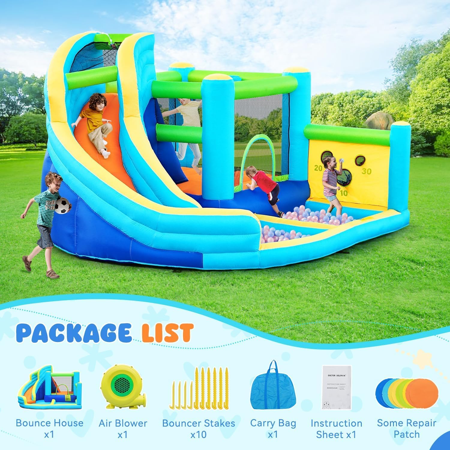 Parco acquatico gonfiabile con scivolo, spruzzatore, trampolino, piscina, parete da arrampicata e canestro da basket, include ventilatore d'aria, casa di rimbalzo all'aperto per bambini e bambini, può