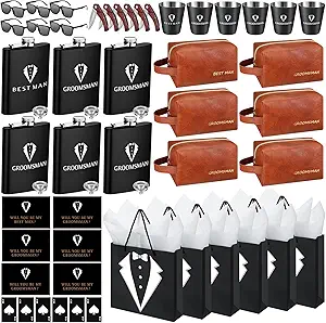 60Pcs Groomsmen Gifts Groomsmen Proposal Box with Flasks Sunglasses PU Leather Toiletry Bag Bottle Opener for Wedding Groomsman Best Man Gift (Brown)