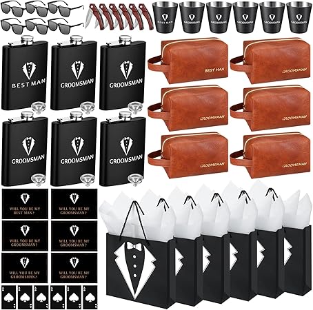60Pcs Groomsmen Gifts Groomsmen Proposal Box with Flasks Sunglasses PU Leather Toiletry Bag Bottle Opener for Wedding Groomsman Best Man Gift (Brown)