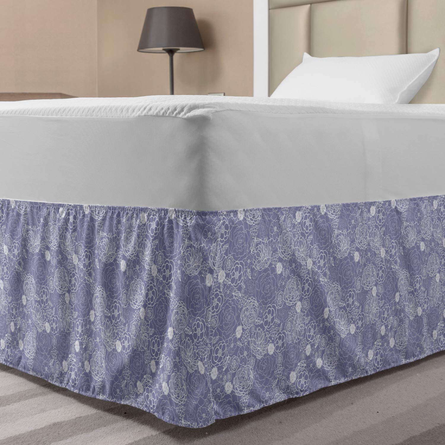 Lunarable Flower Bedskirt Shabby Form Lace Rose Flower Pattern with Classic Baroque Inspired Effects Bedroom Decor Wrap Around
