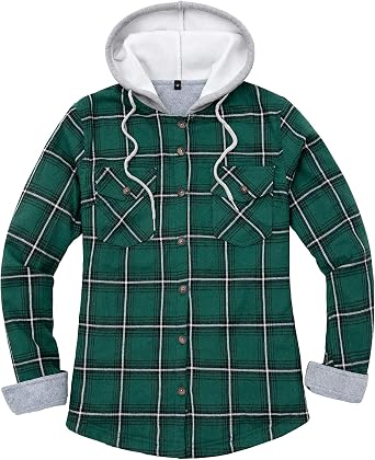 Womens Fleece Hooded Flannel Shirts Plaid Button Down Flannel Shirt Hoodie Jacket with Pockets