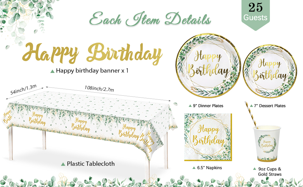 37 Pièces Eucalyptus Assiette Vaisselle Jetable Anniversaire Kit,Vert Sauge Decoration Anniversaire Vaisselle 18 Ans Garçon Fille,Nappe Papier Assiette Serviette pour Decoration Anniversaire 18 Ans