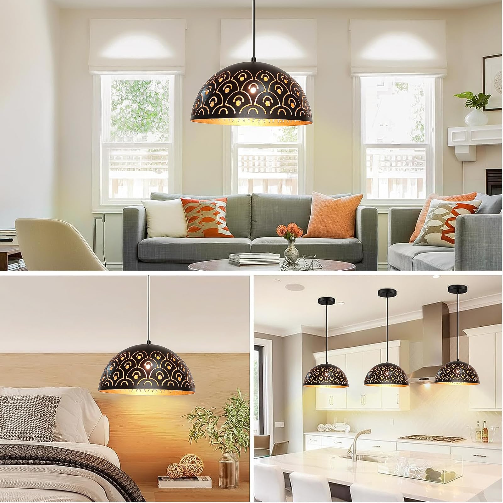 YNDD Lampadario Cucina Vintage Nero e Oro, Lampada a Sospensione Retrò E27 Altezza Regolabile Luce Sospensione Tavolo in Metallo Industriale per Sala da Pranzo Camera da Letto Soggiorno Ø: 30 cm