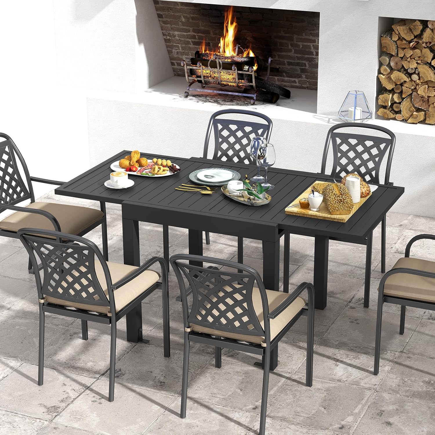 Giantex Expandable Patio Table, 31.5”-63” Extendable Aluminum Dining Table for 4-6 People, Slatted Tabletop, Square Rectangular Outdoor Table for Backyard, Front Porch, Poolside