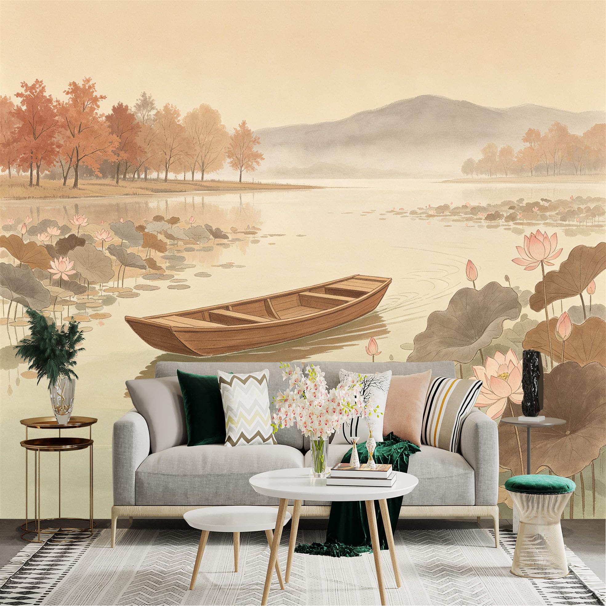 Custom Size Wall Sticker Mural， Wooden Boat on Misty Lake， Serene Lotus Pond， Autumn Trees and Ducks， for wall Decoration， peelandstick wall Decals.