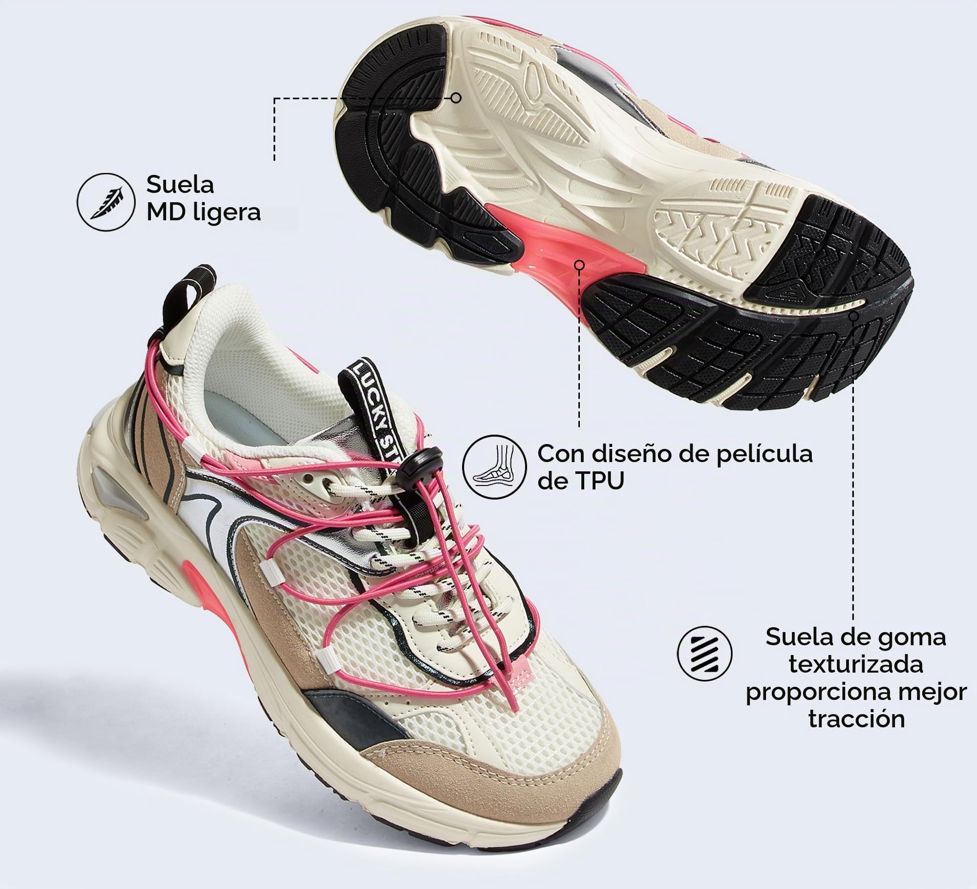LUCKY STEP Zapatillas Deportivas Mujer con Plataforma, de Malla y Cordón Ajustable para Running, Gimnasio, Trabajo y Estilo de Vida Casual y Deportivo