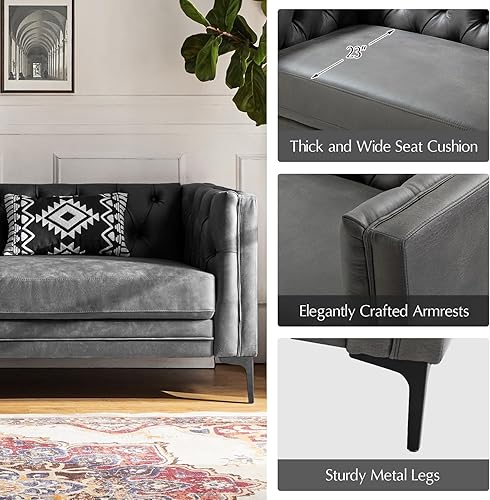 Miniatura 4 de HULALA HOME Sofá de Piel Sintética de 84" de Ancho con Patas Metálicas, Sofá de 3 Plazas con Botones Capitoné, Sofá Tapizado Contemporáneo Moderno