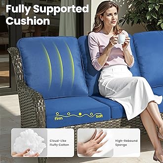ovios 10 Pieces Patio Furniture Set with Swivel Rocking Chairs, Outdoor Wicker Sofa Couch Comfy Cushions, All Weather High Back Modern Conversation Set, Brown Rattan, Navy Blue