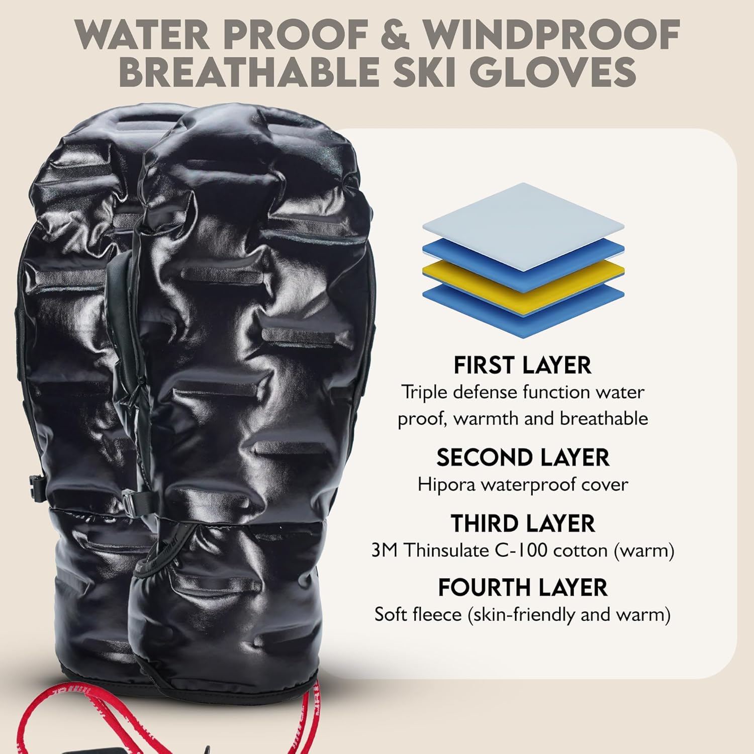 Outdoors Adult Ski Mittens - Waterproof Mittens for Men & Women - Cold Weather Gear - Palm Grip Skiing & Snowboarding