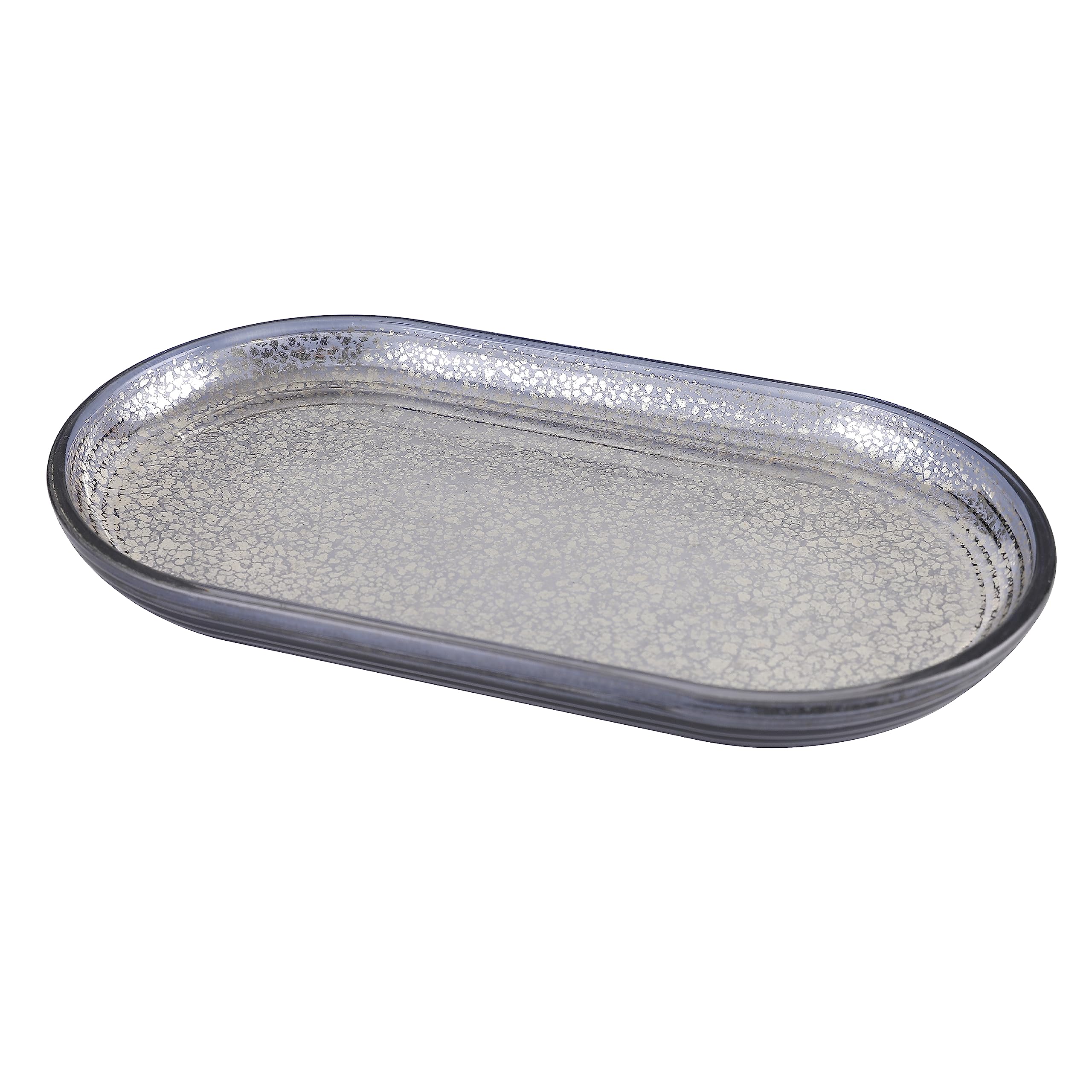 H Halston Storage Tray for Bathroom, 9''x5'' Makeup Vanity Organization Tray, Premium Quality Glass, Jewlery Storage, Accent Piece, Catch All The Ricard Collection. Navy/Mercury Finish