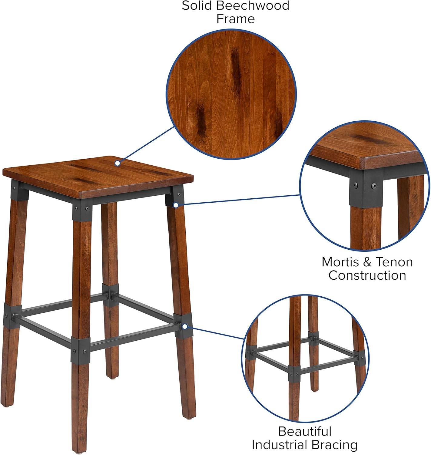 Flash Furniture 4 Pack Rustic Antique Walnut Industrial Wood Dining Backless Barstool