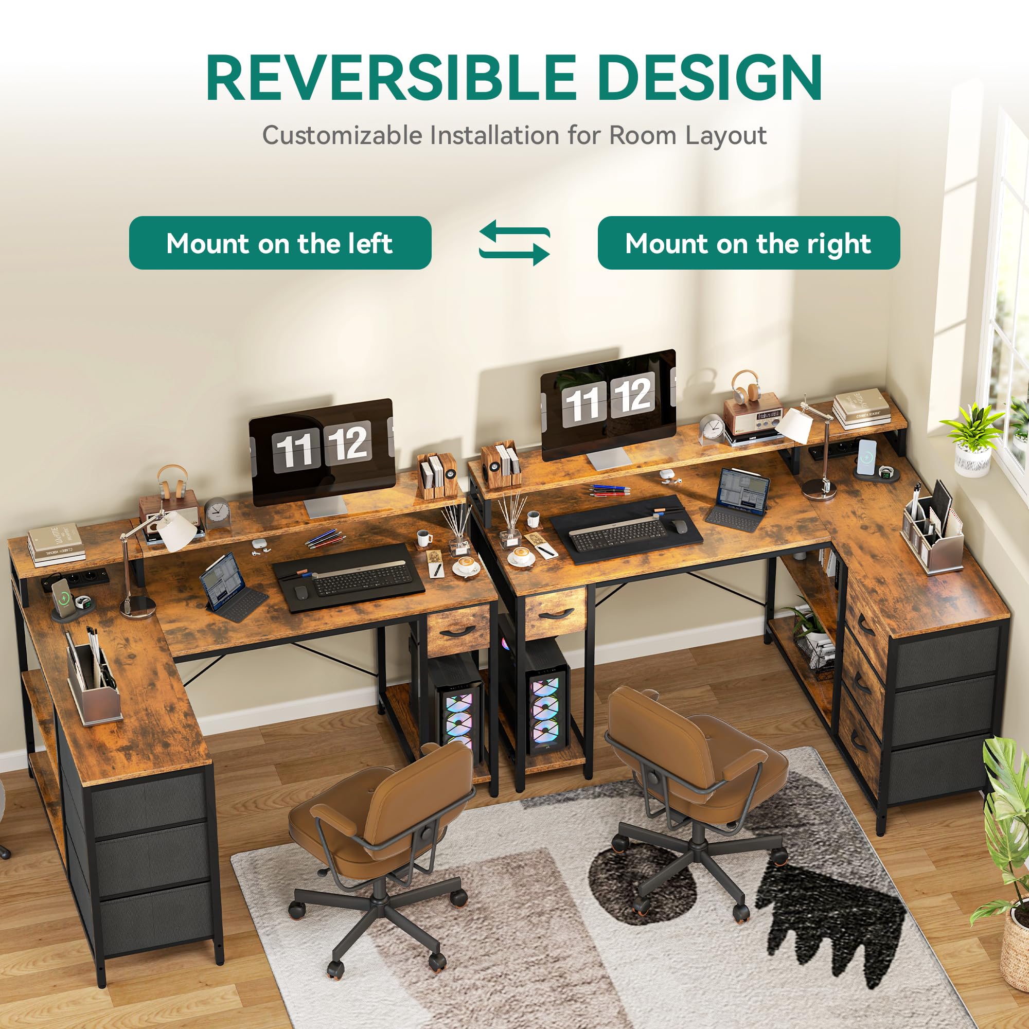 YITAHOME L Form Schreibtisch mit USB Ladeanschluss und Steckdose,Reversible Eckschreibtisch mit 4 Schubladen und Regal,Gaming Schreibtische mit Monitorständer,140x100 cm Computertisch für Büro,braun