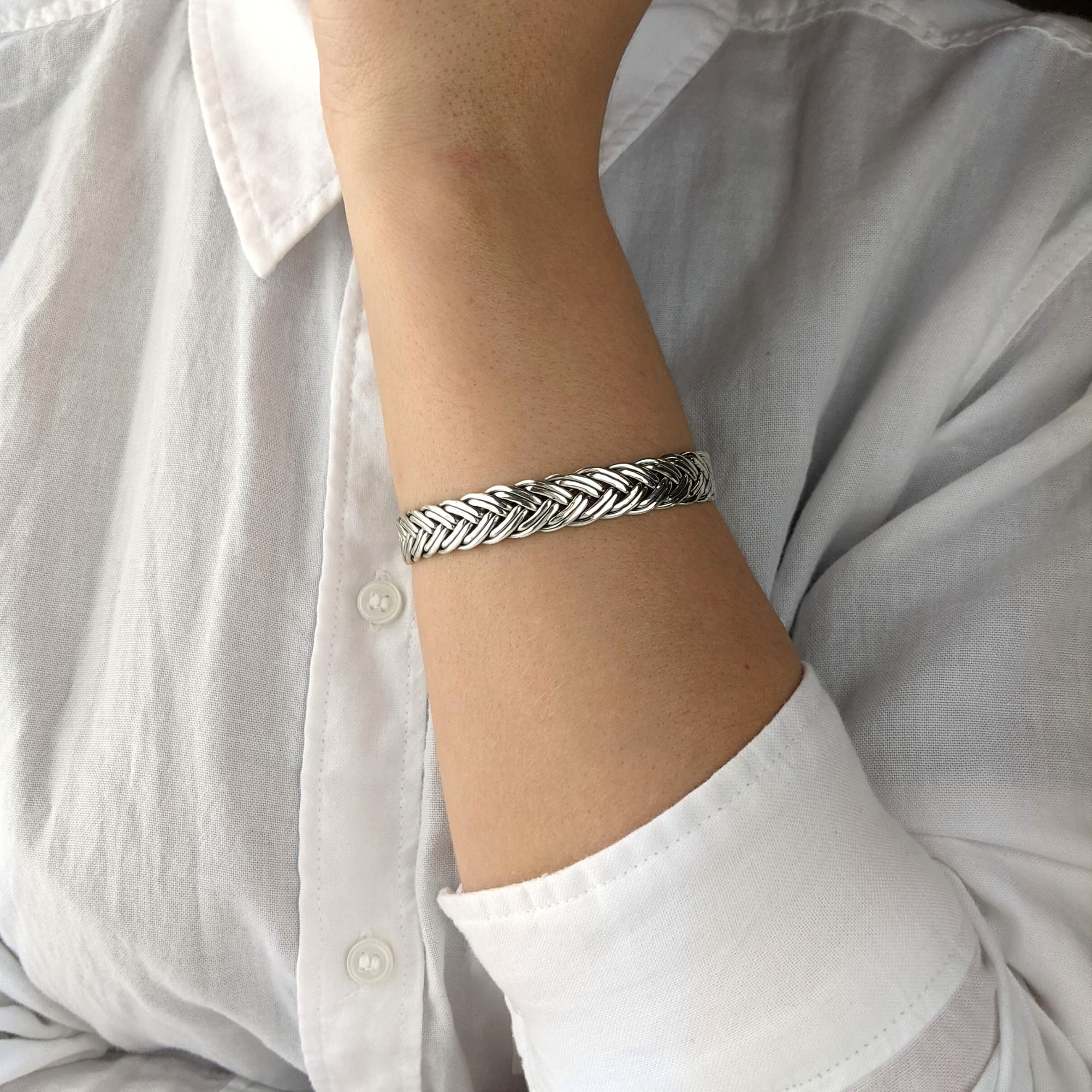 Silverly Bracciale Rigido Regolabile Intrecciato in Argento Sterling 925 per Uomo | Braccialetti Larghi a Doppia Treccia per Donna | Bracciale Pesante e Audace con Trama Intrecciata
