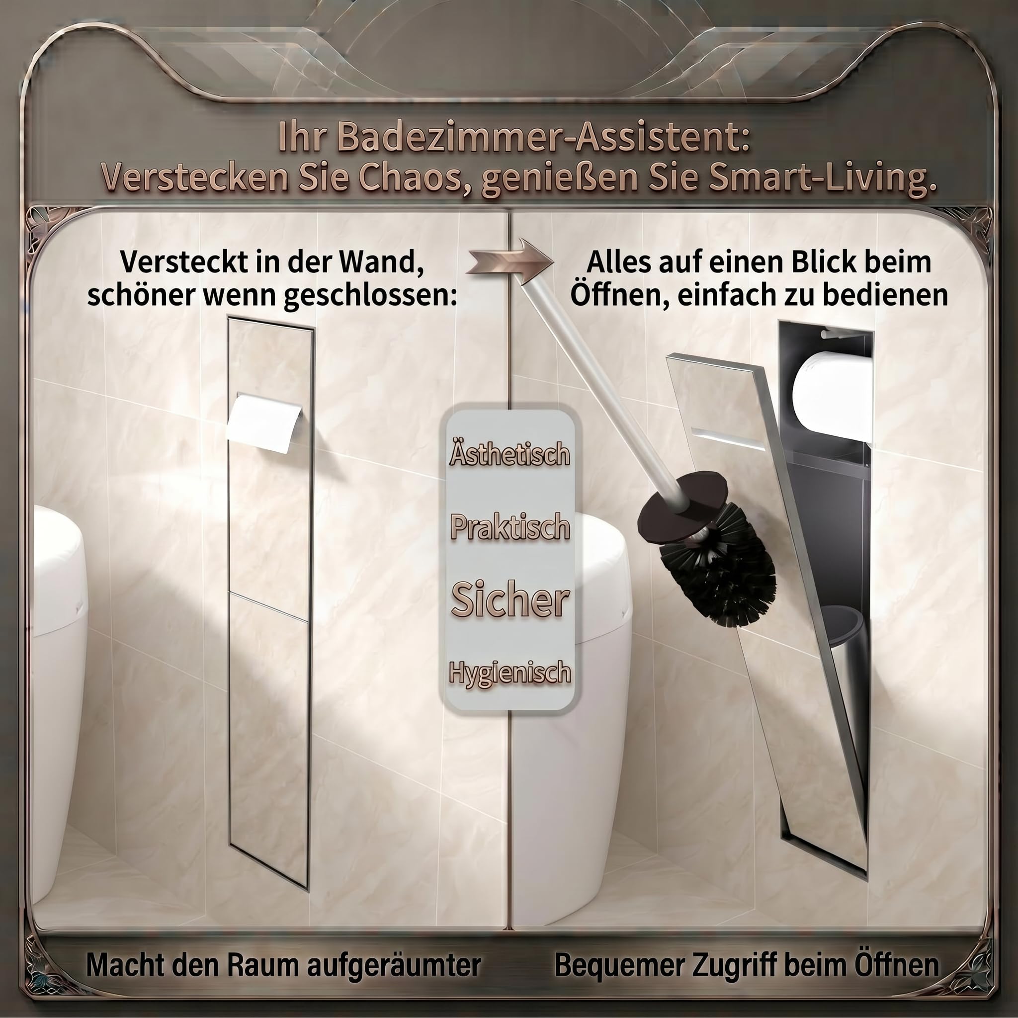 Wandnische Edelstahl 304 WC Bürstenhalter mit Klappe Toilettenpapierhalter Unterputz 2in1 Versteckt Fliesen Tür Drucköffnung Rostfrei Matt Schwarz 60x15 cm
