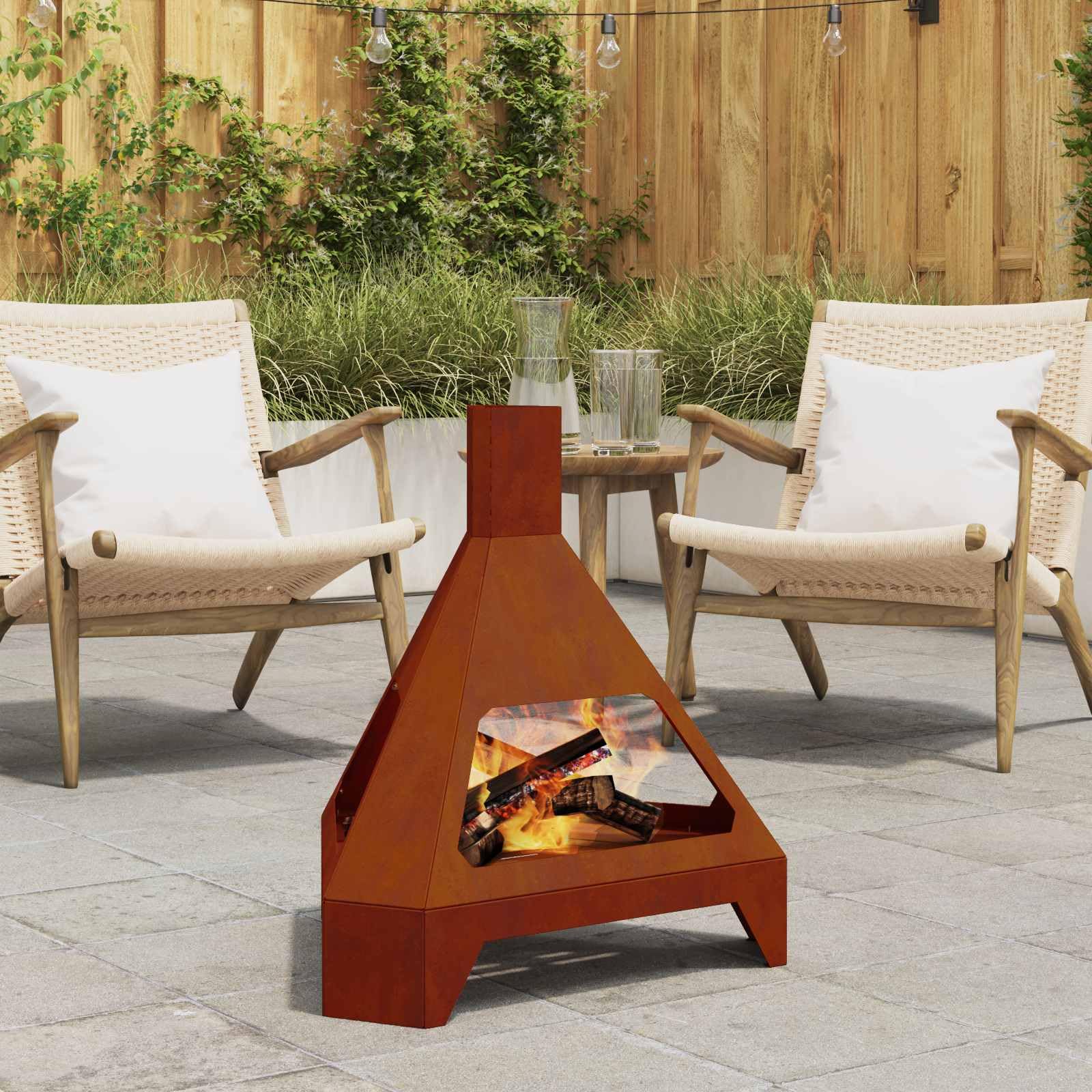 Brasero marrón de acero resistente a la intemperie, 50 x 43 x 52 cm, brasero resistente para jardín, balcón, terraza, calefacción duradera con diseño de horno para horas cálidas al aire libre