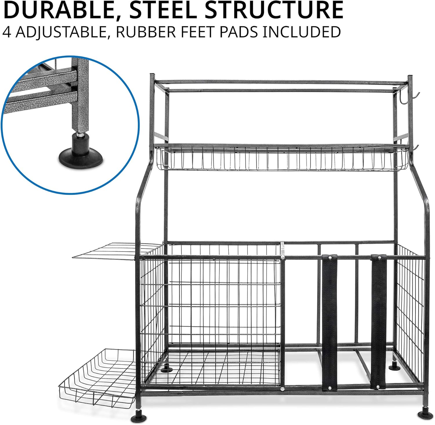 RaxGo Garage Sports Organizer, Ball Storage Rack, Equipment Storage System for Balls, Bats, Rackets, Helmets, Toy's & Other Sports Gear, Heavy-Duty Steel, Hanging Hooks & Adjustable Support Feet : Sports & Outdoors