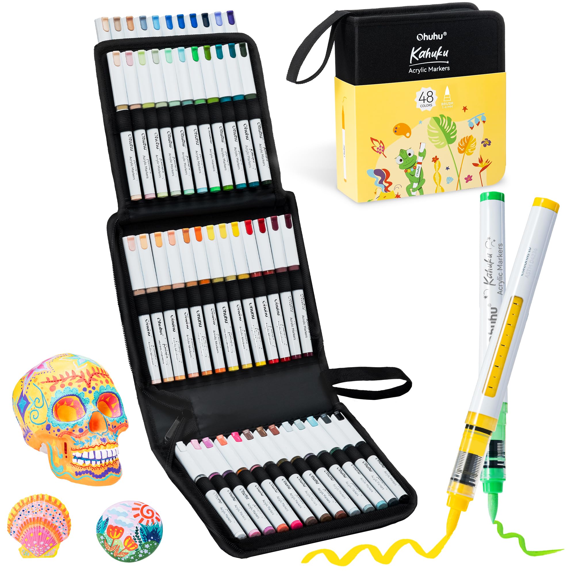 Ohuhu Rotuladores acrílicos con punta de pincel, 48 colores, regulación automática de tinta, rotuladores acrílicos de alta cobertura, resistentes al agua y a la luz para pintura de piedra, huevos de