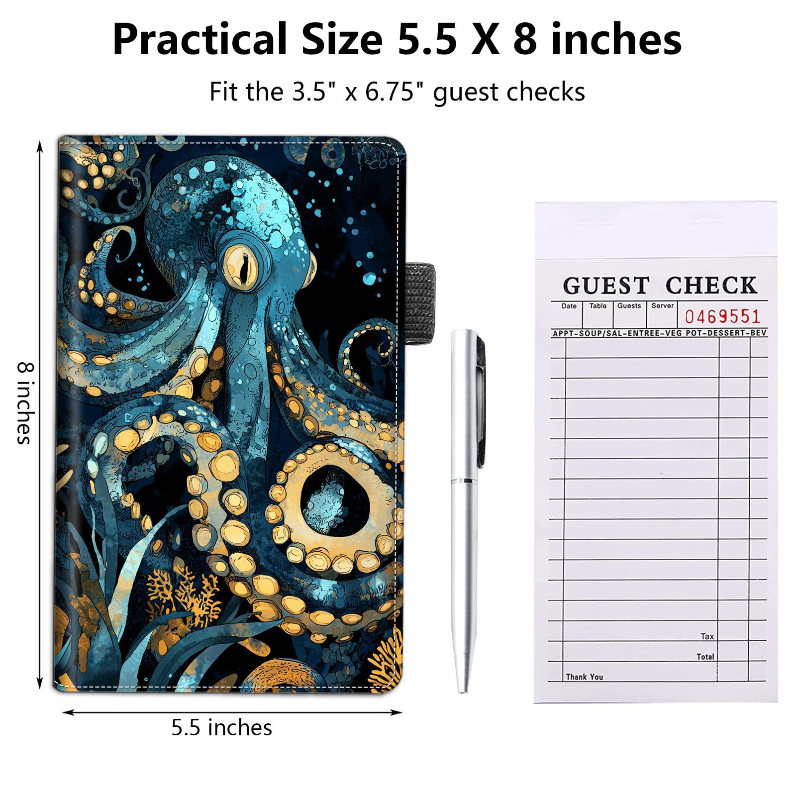 Server Book for Waitress,5.5x8 Inch - Waiter Book with Zipper Pocket,Pen Holder & Cash Compartments,Waterproof PU Leather Guest Check Organizer for Tips,Cards, Receipts,Blue Octopus