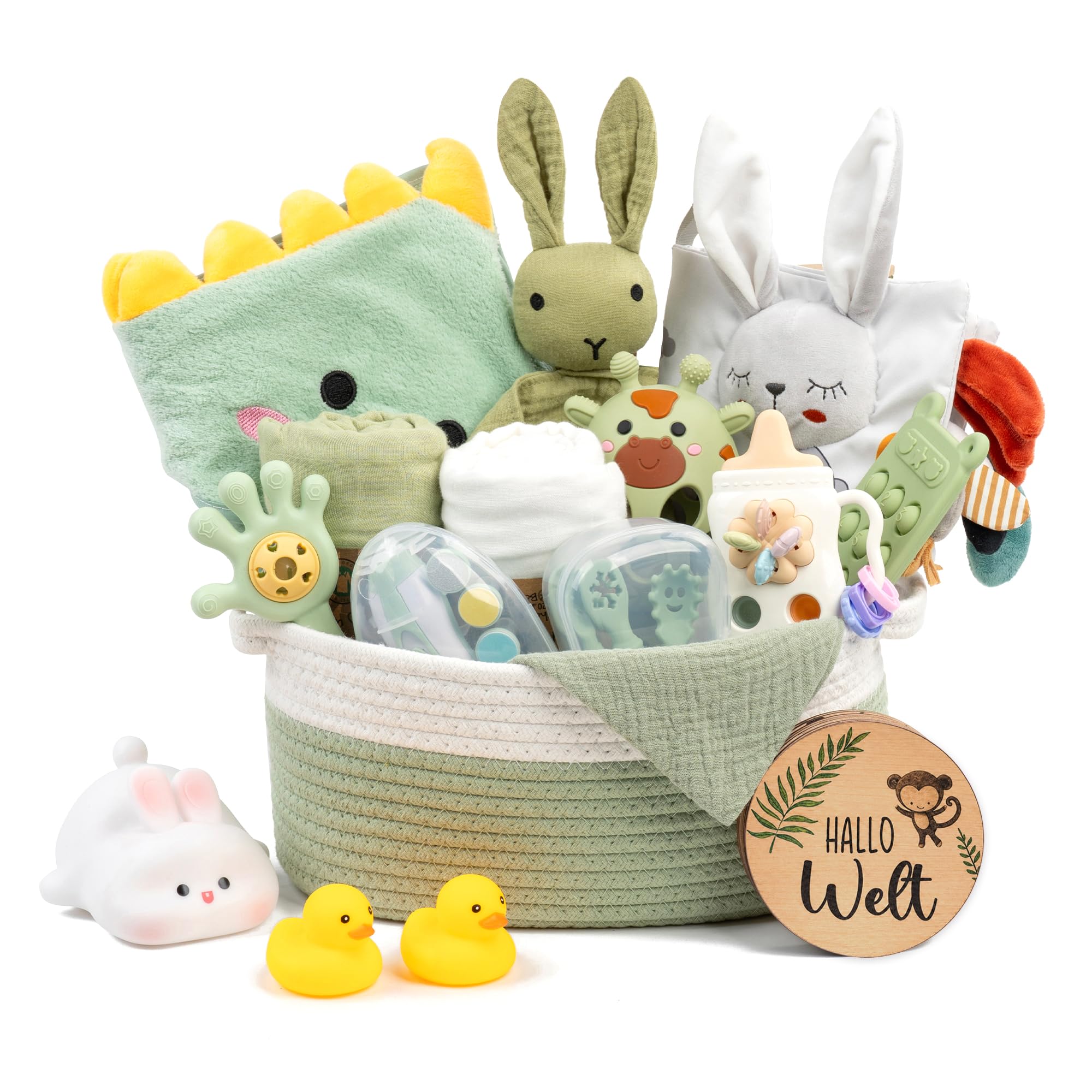 Geschenk zur Geburt, Neugeborenen Geschenk für Jungen & Mädel, Grün | Mit Babydecke, Baby-Nagelfeile, Beikost-Zubehör und Schnuffeltuch.