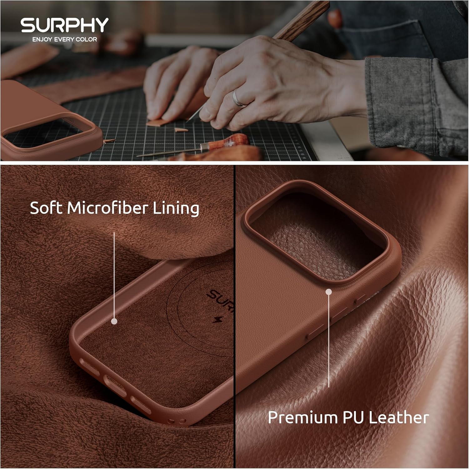 SURPHY Case for iPhone 17 Pro Case (6.3 inch 2025), Compatible with MagSafe, Faux Leather 17 Pro Phone Cases Whit Soft Microfiber Lining, Brown - Image 5