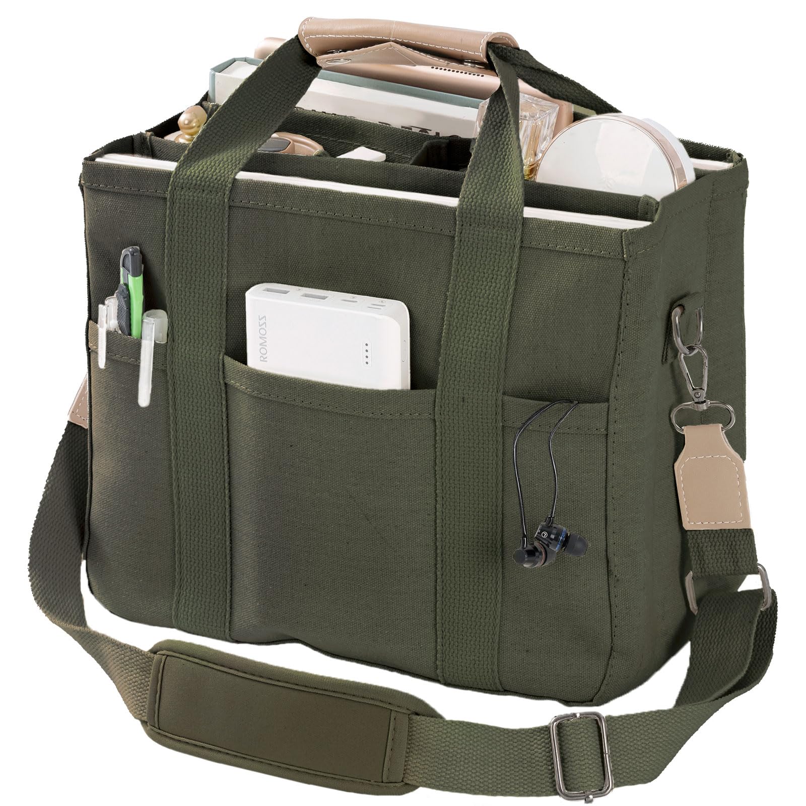 JIECH Canvas Tote Bag with Multi Pockets Crossbody Tote Bag for Women Bible Handbag Everything Tote Bags with Compartments