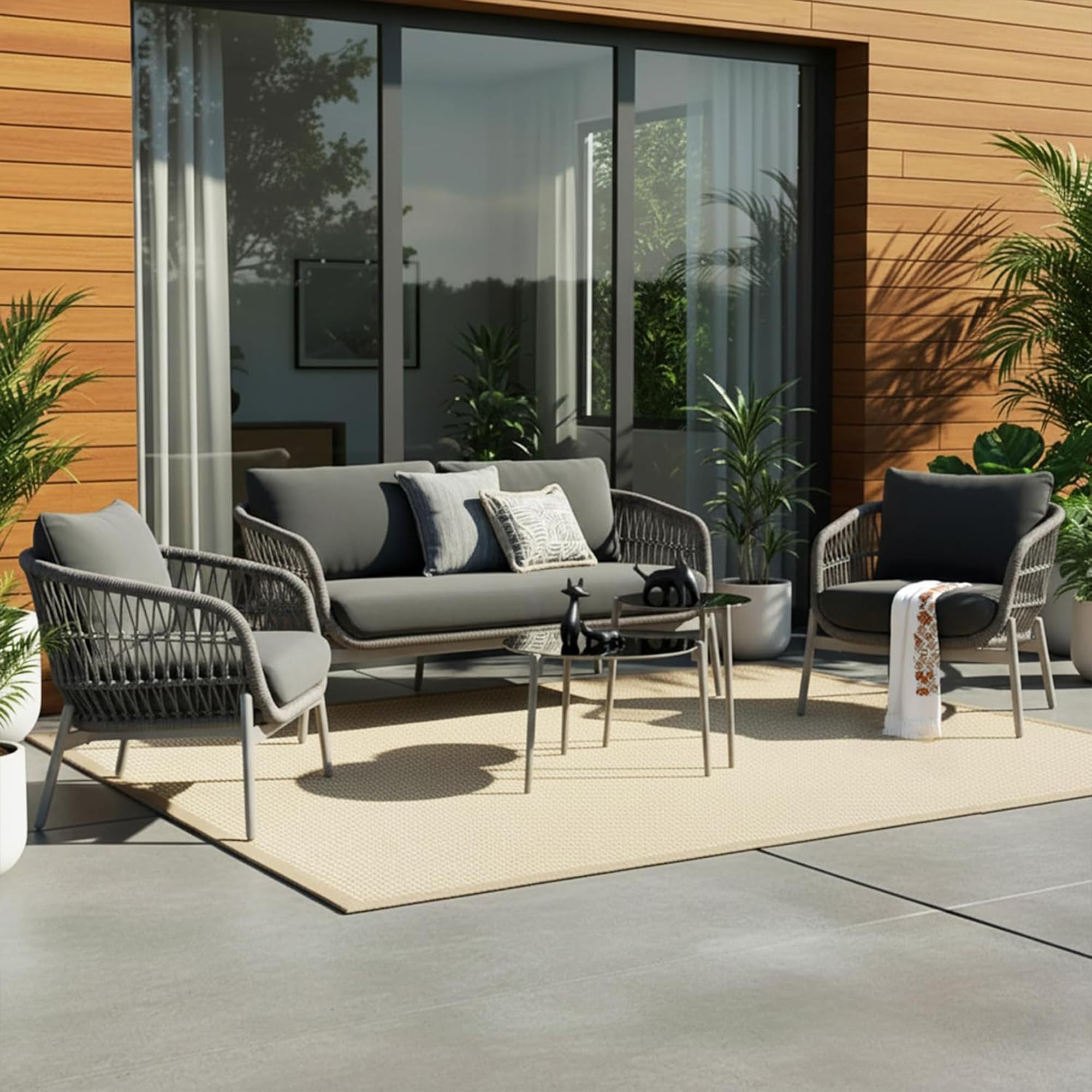 OUTLIVING Braid & Rope Patio 4 Seater Sofa Set with Centre Table for Outdoor Garden Balcony (Grey)