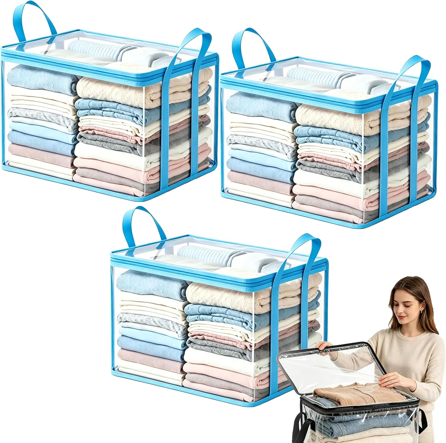 2026 Upgraded Heavy-Duty Clear Storage Bags for Clothes, 3-Pack, High Capacity Hinged Lid Organizer for Home Travel Attic Moving