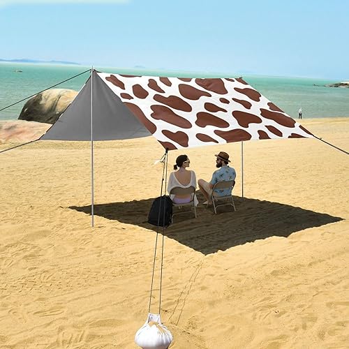 Miniatura 7 de Tienda de campaña y toldo de playa con diseño de vaca marrón UPF50, parasol grande y ligero con postes resistentes, sacos de arena y pala para
