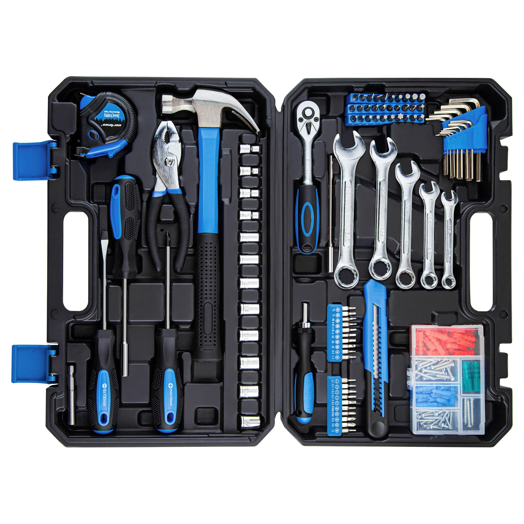 CARTMAN 180-Piece Socket Wrench Auto Repair Tool Combination Package Mixed Tool Set Hand Tool Kit with Plastic Toolbox Storage Case Blue