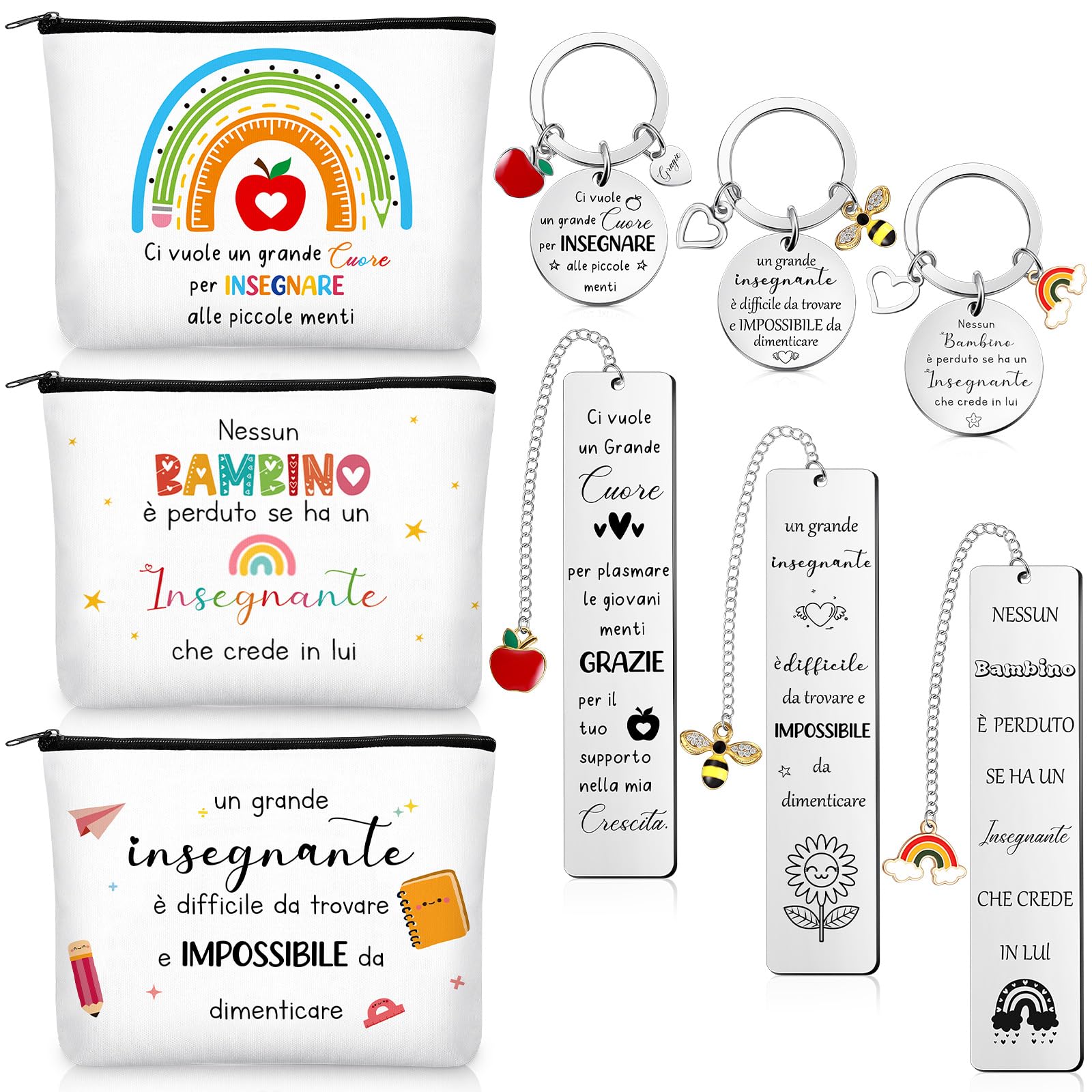 Geiserailie 3 Set Regali Maestre Fine Anno Include 3 Portachiavi Insegnanti con Frasi 3 Borse Cosmetica 3 Segnalibri Maestra Idee Regalini per Insegnante Asilo Professoressa Compleanno Laurea
