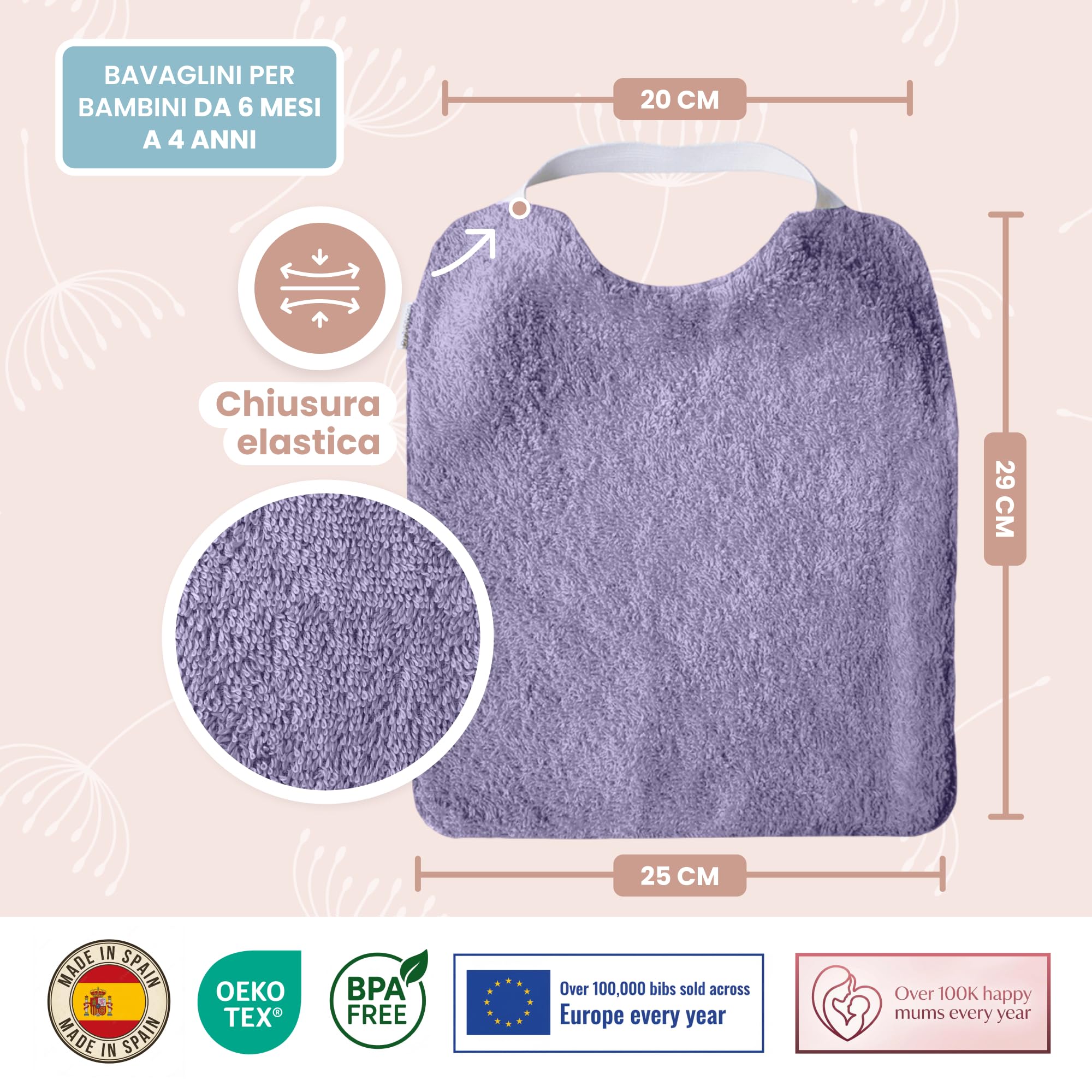 MIMUSELINA Set di 5 Bavaglini Neonato Impermeabili BLW in Spugna | Cotone Premium Oeko-Tex | Set Pappa Svezzamento Neonati | Grandi Bavaglini Asilo con Elastico al Collo | Realizzati a mano Spagna